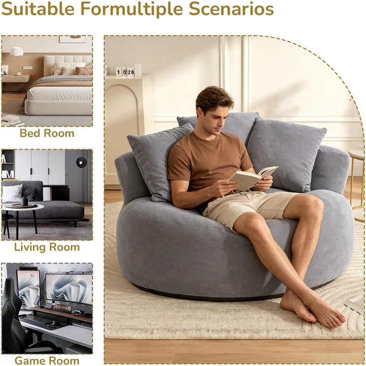 Wohnora – Übergroßer runder Sitzsack, gepolstert mit Cord, tiefe Sitzfläche, einzelnes Cloud Lounge-Sofa für Wohnzimmer, Schlafzimmer, Wohnung, H 65 cm x T 120 cm x B 120 cm, Grau – Bild 2