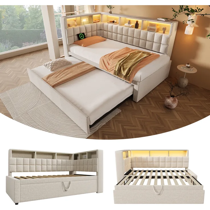 Leinen Polsterbett, mit Ausziehbett LED Bluetooth USB Type-C Ladeanschluss L-Kopfteil mit Stauraum ohne Matratze, Leinen, Beige, 90 x 200 cm