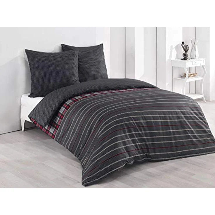 Buymax Bettwäsche Bettbezug Set, Renforcé, 3 teilig, 200x220 cm 100% Baumwolle Reißverschluss gestreift Antrazit Grau Rot – Bild 2