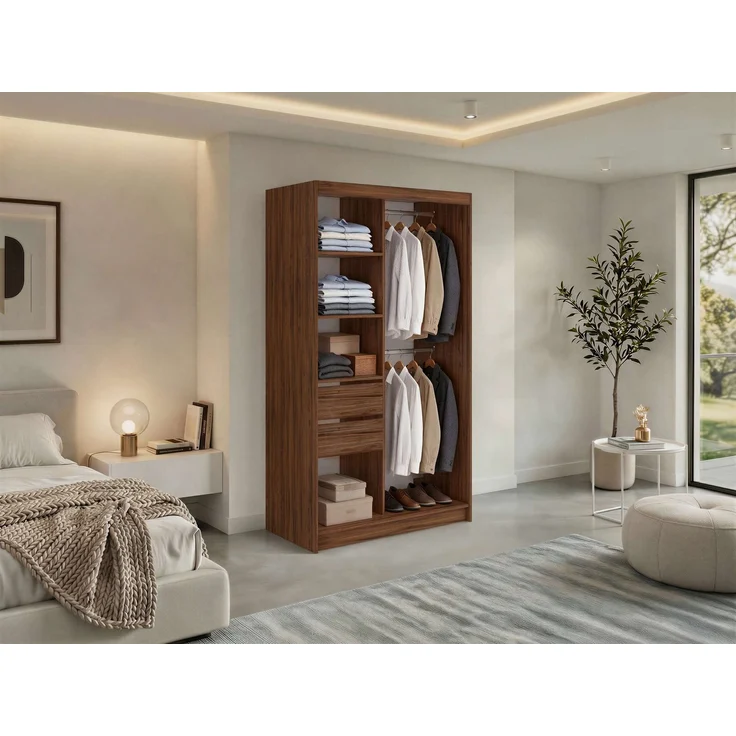Kleiderschrank LAOS 120 cm Schiebetürenschrank Warmia-Nuss mit Akustikpaneel-Design (Lamellen) Schwarz & Spiegel, Inkl. Innenausstattung - mit Schubladen – Bild 3