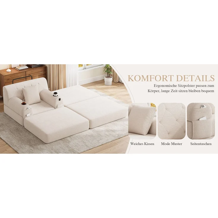 ZUBALIYA Schlafsofa 162x81 cm, mit Stauraum, mit Samtbezug, mit Cordbezug, mit Knopfheftung, mit breiten Armlehnen, Beige – Bild 14