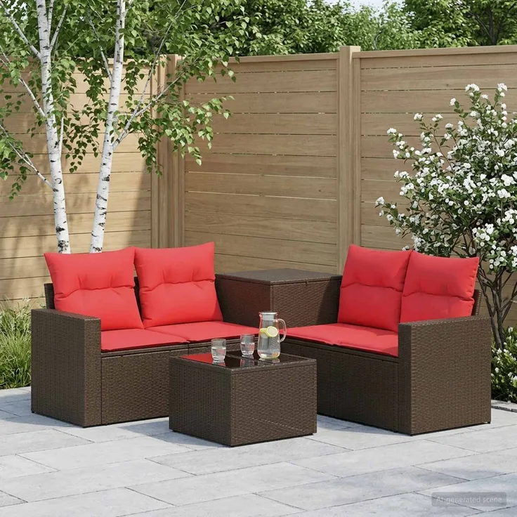 vidaXL Sofa Set 6 stk. Braun und Rot Polyrattan und Stahl 3447403