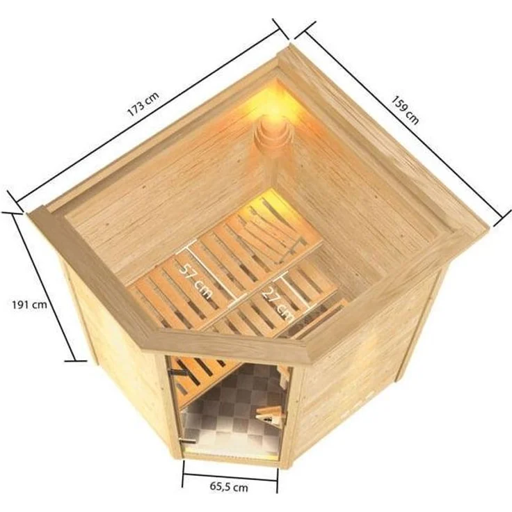 Karibu Ecksauna Antonia mit Dachkranz + 9kW Saunaofen mit ext. Steuerung Easy – Bild 3