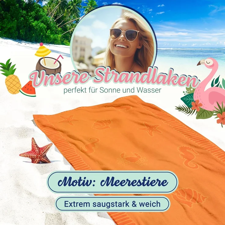 ZOLLNER Strandtuch XXL aus Baumwolle, 100x200 cm, organge mit Meerestiermotiven – Bild 3