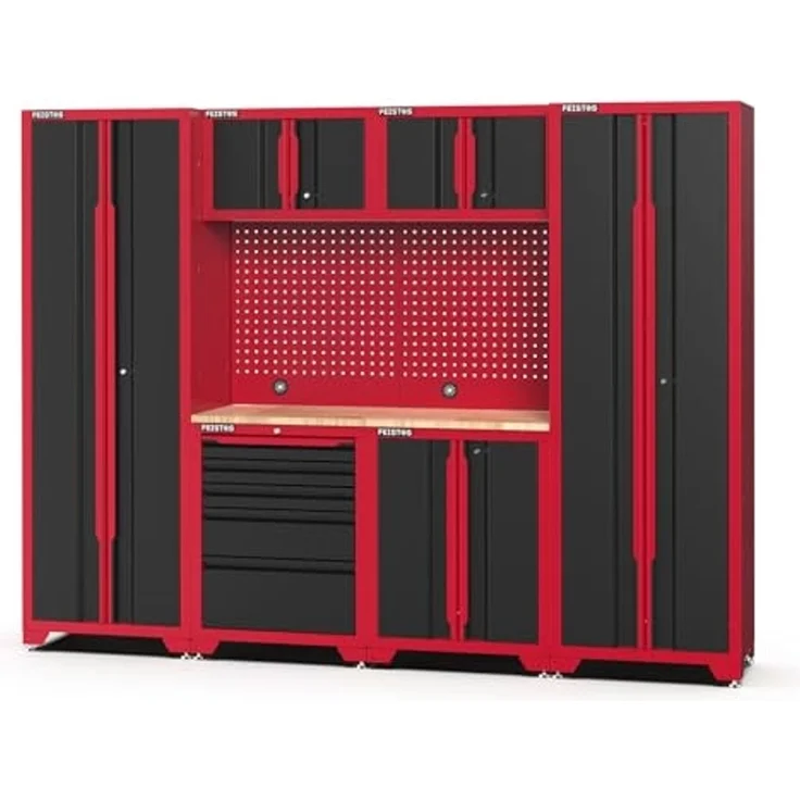 Feistos Werkstatteinrichtung "Juno 14", schwarz/rot, 264 x 46 x 198 cm (B x T x H),2 Hochschränke – Bild 1