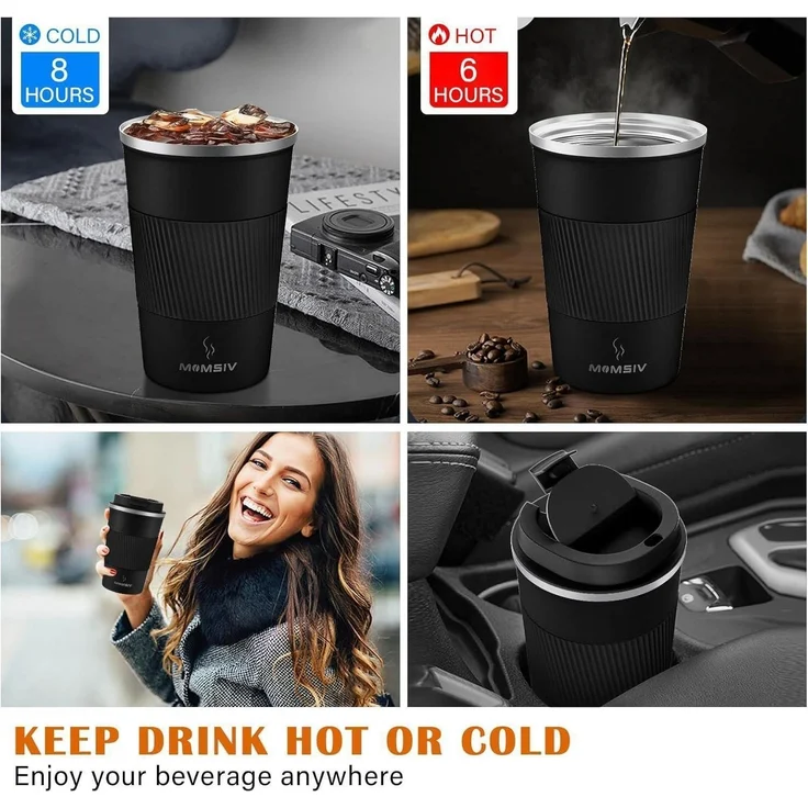 MOMSIV Thermobecher Isolierbecher 380ml Edelstahl Travel Mug Schwarz – Bild 3