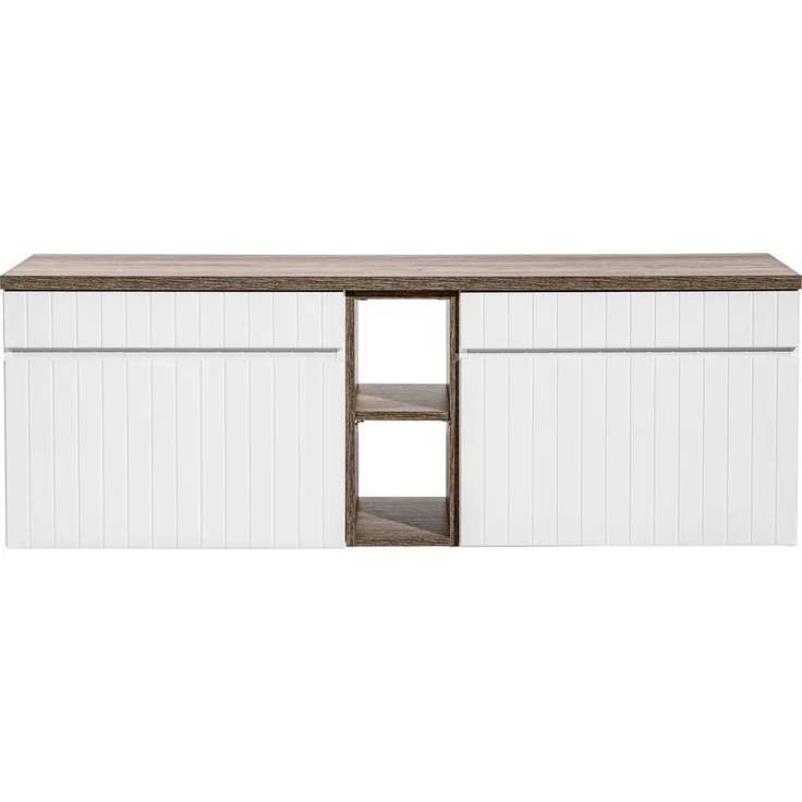 Badmöbel Waschplatz Set mit Doppelwaschtisch 140 cm IRAKLIO-56 in weiß matt mit Vintage Eiche Nb, B/H/T: ca. 140,4/200/46 cm – Bild 4