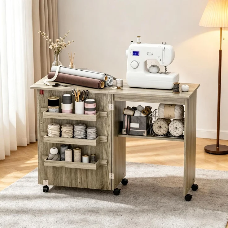 Klappbarer Nähschrank, Näh­tisch mit Klappplatte, Aufbewahrungsboxen, offenem Regal und Rollen--Herde--117x40x77.5cm--YOUDENOVA – Bild 3