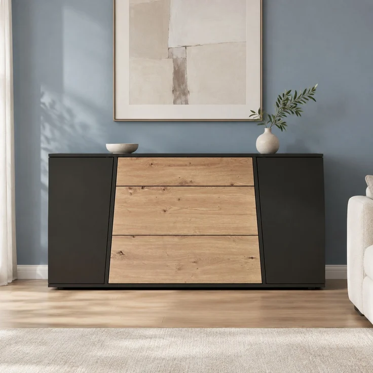 DESVIAE Sideboard Schwarz/Naturholzoptik aus MDF/Spanplatte – 140x70x35 cm – 3 Schubladen, 2 Türen – Bild 2