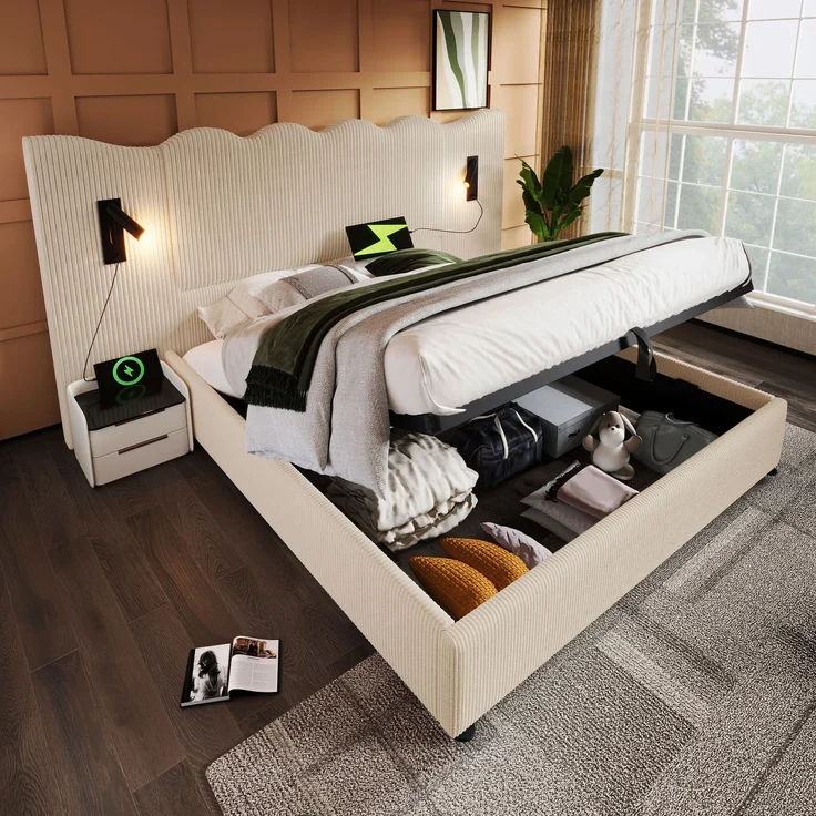 Holzbett 180x200 cm, mit hydraulischem Bettkasten, mit Lattenrost und ohne Matratze, mit Cordbezug, Beige – Bild 1