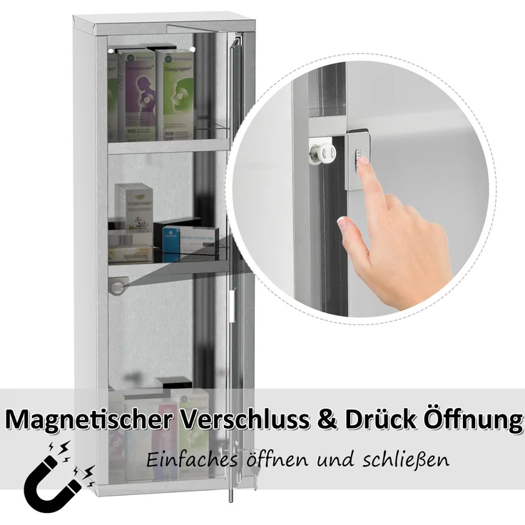 Medikamentenschrank 20 x 12 x 58 cm aus Edelstahl mit Mattglastür und Schloss – Bild 4