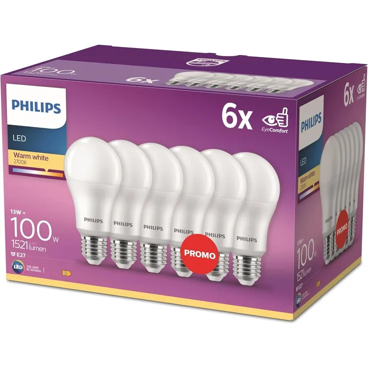 Philips LED Classic E27 Lampen 6-er Pack (100 W), matte LED Lampen mit warmweißem Licht, energiesparende Lampen mit langer Nutzlebensdauer, neue Generation