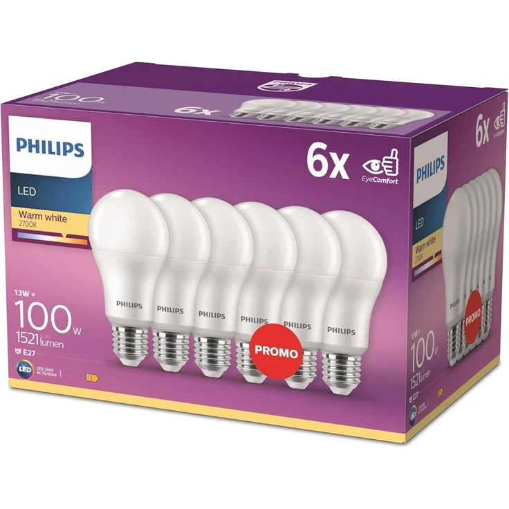 Philips LED Classic E27 Lampen 6-er Pack (100 W), matte LED Lampen mit warmweißem Licht, energiesparende Lampen mit langer Nutzlebensdauer, neue Generation