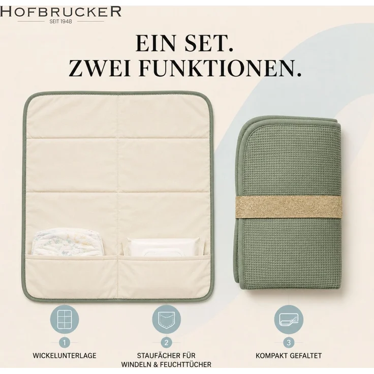 Hofbrucker® Windeltasche, Wickeltasche mit Wickelunterlage für unterwegs, faltbare Wickelclutch mit Organizer für Windeln & Feuchttücher, Abwischbar, Must Have für die Baby Erstausstattung (Salbei) – Bild 3