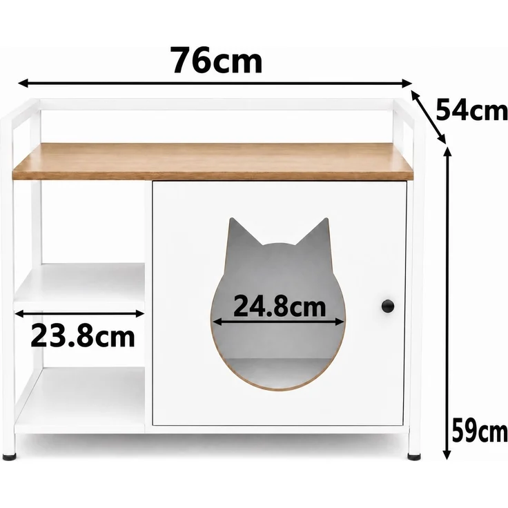 Katzentoilettenschrank mit Katzenhaus und 2 offenen Regalen, 76x54x59 cm, Weiß und helle Eiche – Bild 5