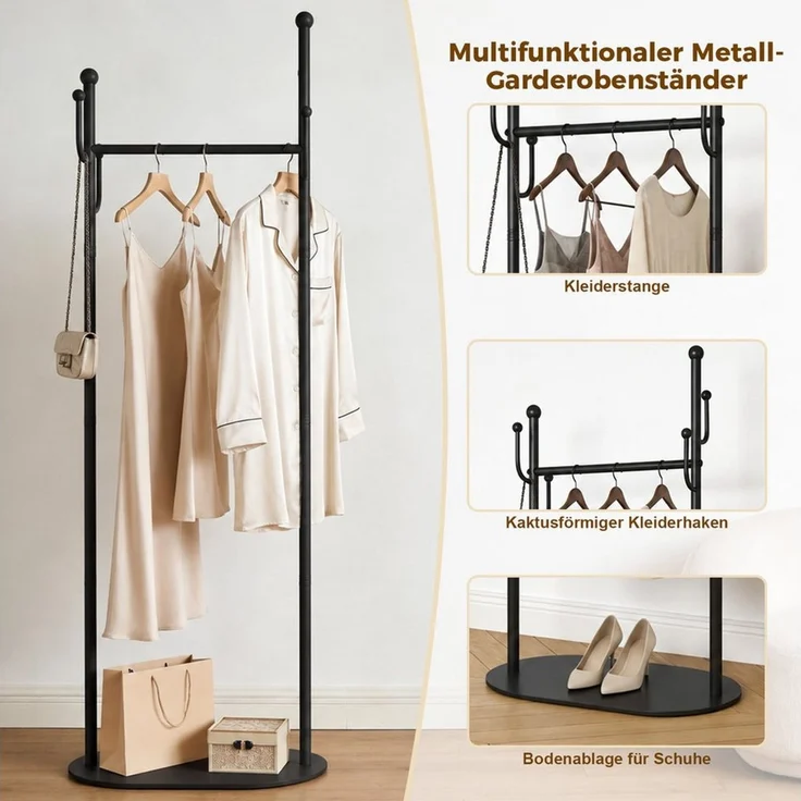 PRIISF Kleiderständer Garderobenständer Stabiler Kleiderhalter Freistehender Jackenständer, (170×45×28 cm Standgarderobe mit 6 Haken & Kleiderstange, Moderner Flur Garderobe mit Schuhablage aus Marmor-Optik Schiefer), Platzsparender Schlafzimmer Garder... – Bild 3