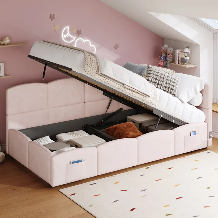 Polsterbett, Kinderbett,Einzelbett, Stauraumbett, Schlafsofa 90x200 cm, mit Lattenrost, USB-Ladegerät, Stautasche, Jugendbett und Erwachsenen-Kinderbett, Samt,rosa (ohne Matratze)