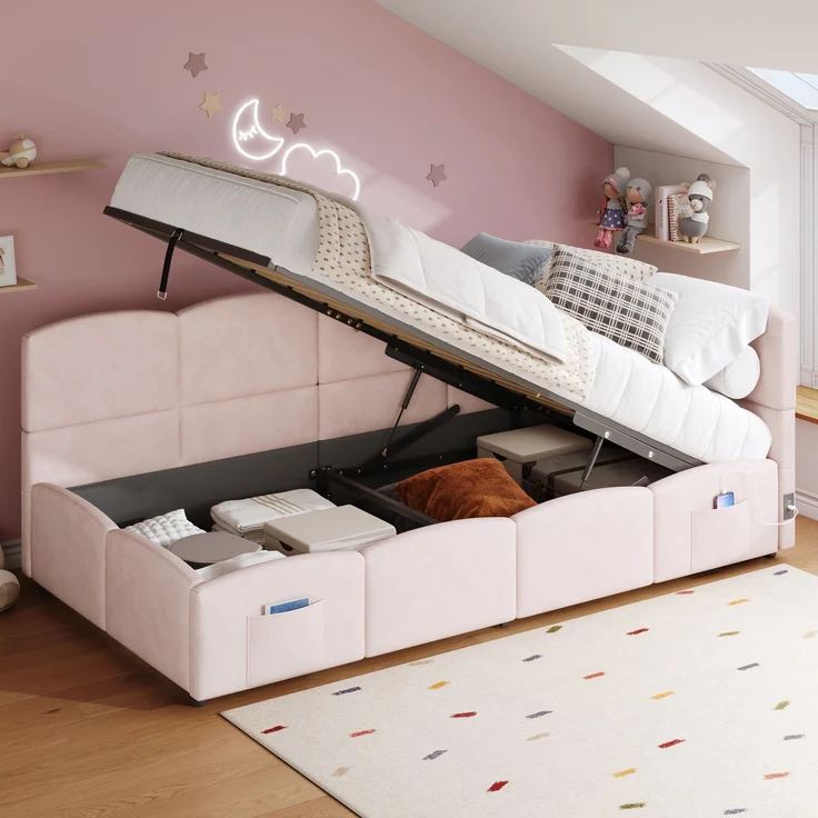 Polsterbett, Kinderbett,Einzelbett, Stauraumbett, Schlafsofa 90x200 cm, mit Lattenrost, USB-Ladegerät, Stautasche, Jugendbett und Erwachsenen-Kinderbett, Samt,rosa (ohne Matratze) – Bild 1