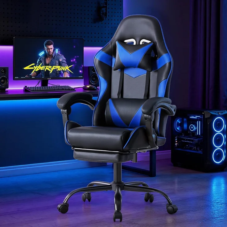Sweetcrispy Gaming Stuhl, Gaming Chair mit Fußstütze Kopfstütze Lendenwirbelstütze, Ergonomischer PC Stuhl, Höhenverstellbarer Bürostuhl Computerstuhl, Gamer Stuhl, Drehbarer Schreibtischstuhl, Blau – Bild 2