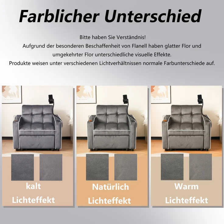 Schlafsofa mit Getränkehalter und Handyhalterung,Verstellbarer Sessel, Sofa-Liegestuhl und Gästebett in einem, Samtbezug Dunkelgrau – Bild 6