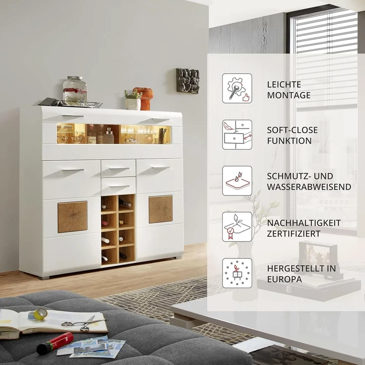 Kommode Barschrank Theke Sideboard Getränke ca. 120 x 129 x 37 cm FUN PLUS Weiß/Eiche Altholz Nb. – Bild 7