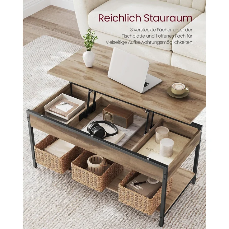 VASAGLE Couchtisch, höhenverstellbar, mit offenem Fach und versteckten Fächern, Holz/Metall Kamelbraun-tintenschwarz, 50x100 cm – Bild 3
