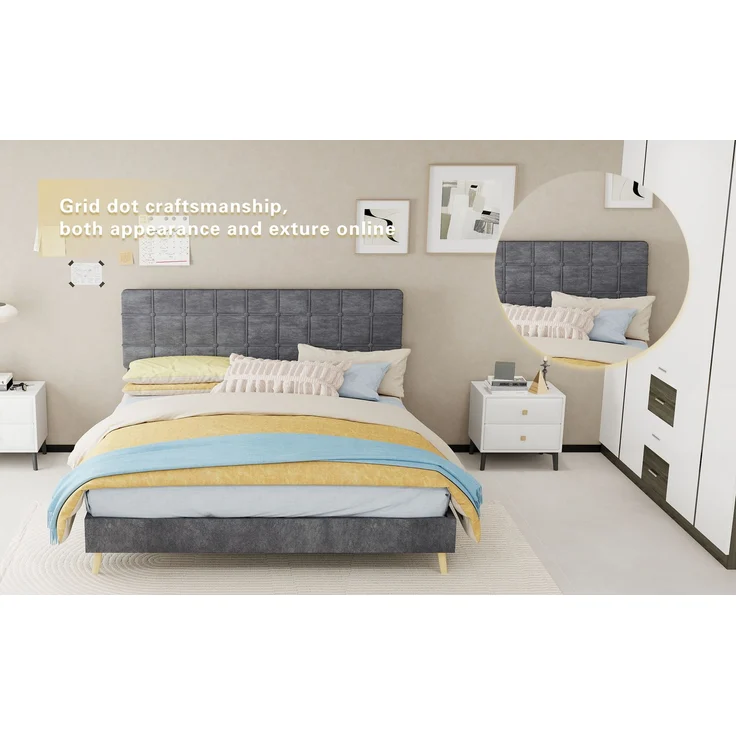 Novelux Polsterbett 160x200 cm mit gepolstertem Kopfteil im Karomuster - Stabiles Stoffbett Doppelbett mit Massivholzfüßen, Dunkelgrau, Skandinavisch – Bild 6