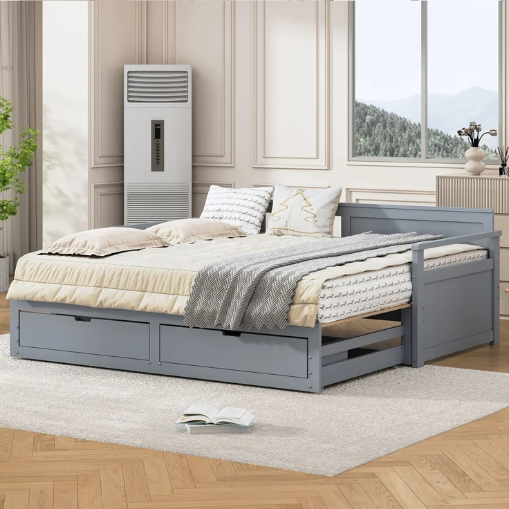 Novelux Multifunktionales Tagesbett 90x190 ausziehbar auf Doppelbett 180x190 mit Schubladen – Massivholz Kiefer Grau, Platzsparendes Gästebett & Kinderbett – Bild 4