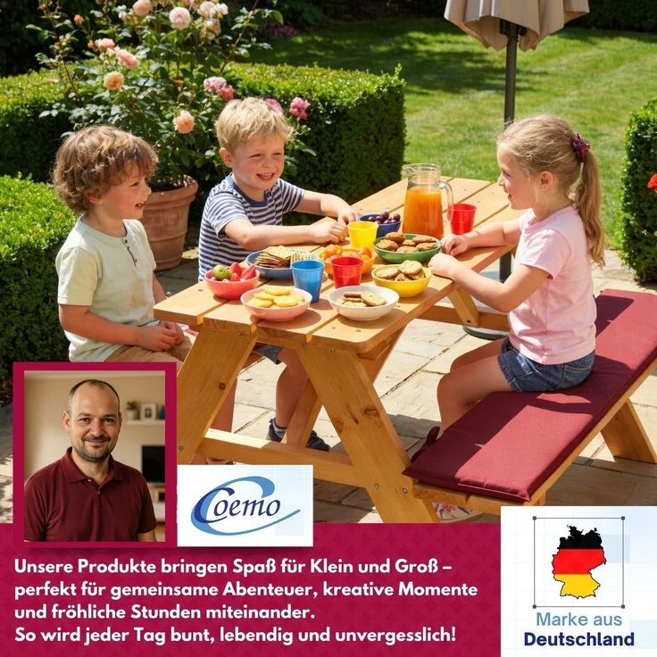 Coemo Kinder-Sitzgruppe Rotbraun Picknicktisch mit Polster Spieltisch Gartentisch Holz – Bild 7