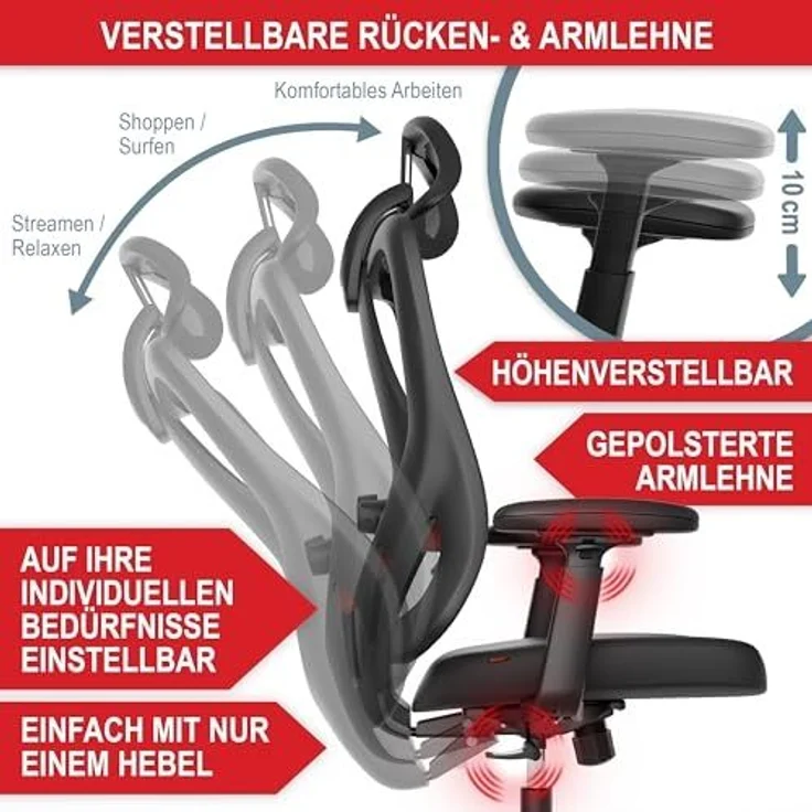 Onbest Bürostuhl PREMIUM Ergonomisch 150 kg, Verstellbare Lordosenstüzte, Armlehnen & Kopfstütze - Gaming Stuhl – Bild 3