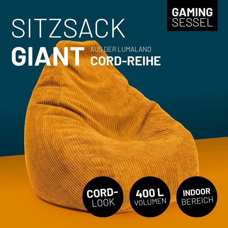Lumaland Gaming Sitzsack XXL aus Cord | Gaming Sessel für Erwachsene & Teenager | Komfortabler Bean Bag 135x100 cm [Senfgelb] – Bild 3