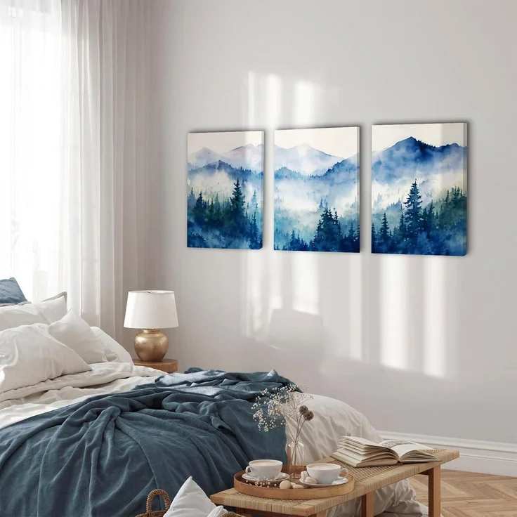 Aquarell Blau Wald Leinwand Bilder Set Wohnzimmer Schlafzimmer Moderne – Bild 3
