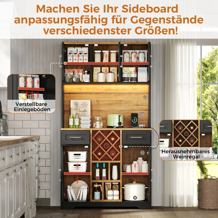 ZUBALIYA hoher Stauraumschrank mit LED-Beleuchtung / Vorratsschrank mit Weinregalen, mit weinschrank & Vitrinenschrank für Wohnzimmer und Esszimmer, 180 x 105 x 40 cm, fürs Wohnzimmer, mit Schubladen – Bild 12