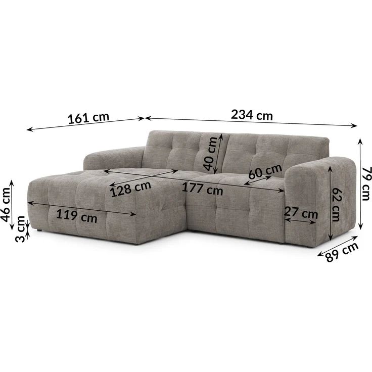 Modernes Ecksofa mit Ottomane links, markante Steppungen, Chenille Braun Taupe, 234 x 161 x 79cm – Bild 8