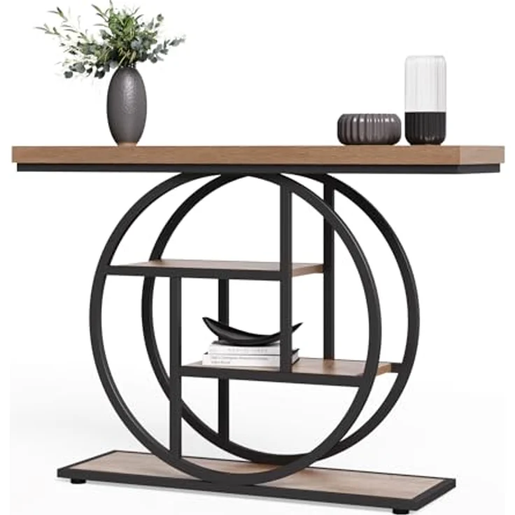 LITTLE TREE Konsolentisch, 4-stöckiger Eingangstisch hinter dem Couchtisch, 104 cm Bauernhaus-Sofatisch für Wohnzimmer, Foyer, Flurtisch für Eingang, Walnuss und Schwarz – Bild 8