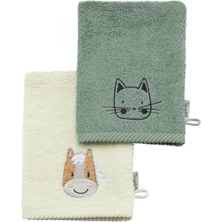 Sterntaler Waschlappen 2er Pack Bauernhof - Frottee Babywaschhandschuh aus saugfähiger, weicher Baumwolle, sorgt für Spaß beim Baden und Duschen - Baby und Kinder Waschlappen, steingrün – Bild 1