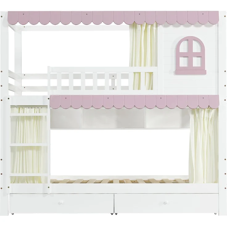 Merax Etagenbett 90x200cm mit 2 Schubladen, Kinderbett Hausbett mit Regal, Hochbett mit Lattenrost und Leiter, Stockbett Holzbett, Weiß+Rosa – Bild 9