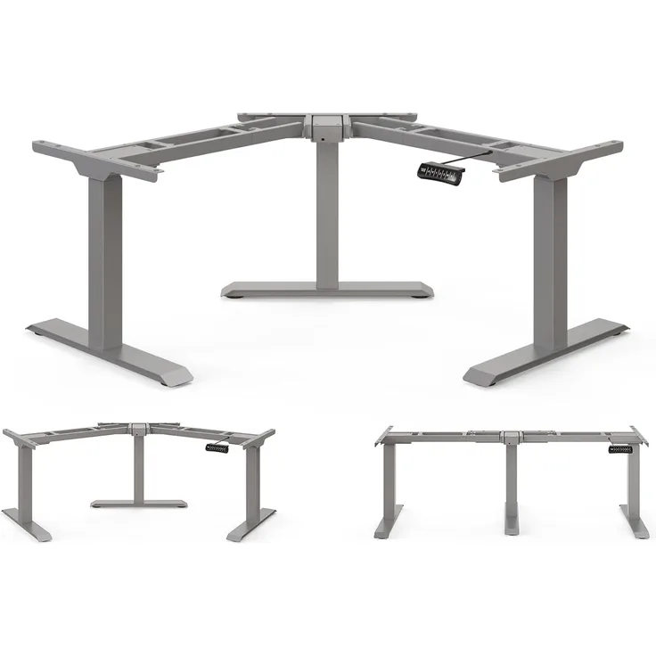 DESQUP Corner Elektrisch höhenverstellbarer Eckschreibtisch | Ergonomischer winkelverstellbarer Steh-Sitz Tisch mit Memoryfunktion | Winkelschreibtisch der Rücken- & Nackenschmerzen vorbeugt (Grau)