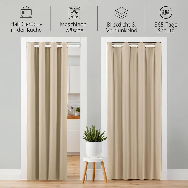 tinycurtains Türvorhang mit Stange weiß 70-120 cm Thermo Vorhang ohne Bohren, blickdicht, Ösen, verdunkelnd, Polyester, beige Driftwood, Türgardine mit Klemmstange Raumtrenner Vorhang Tür – Bild 5