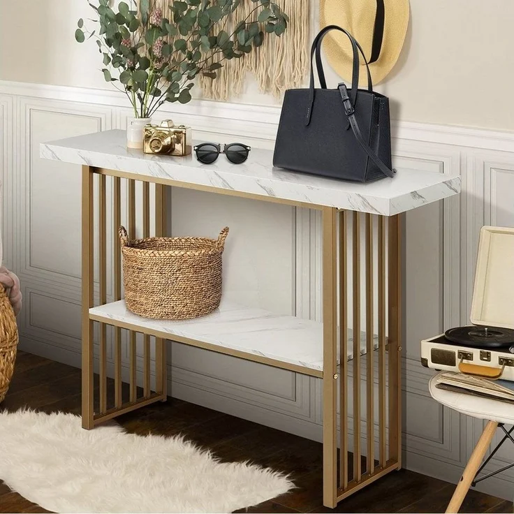 COSTWAY Konsolentisch, Marmor, schmal, mit 2 Ablagen&Metallrahmen, gold, 120cm – Bild 5