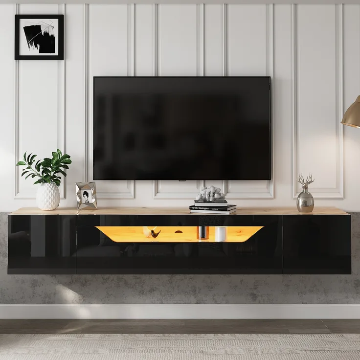 Wandmontierter TV-Schrank aus Spanplatte mit 3 Fächern, LED & Klapptür, für bis zu 75 Zoll, 180x37x36 cm, Schwarz/Natur