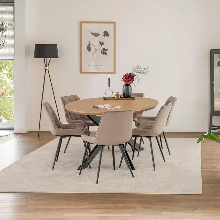 HOME DELUXE Essgruppe Oval inkl. Sternfuß - 200 x 120 cm Fishbone Oak 6 Stühle Hellbraun