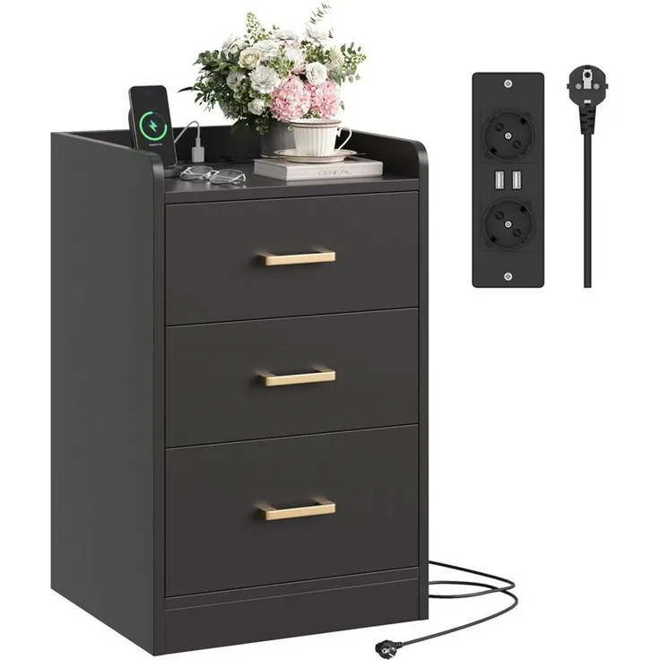 Homfa Nachttisch Nachtschrank mit Ladefunktion (1-St), 3 Schubladen, 2 AC-Steckdosen, 2 USB-Anschlüsse, 40x38x66cm