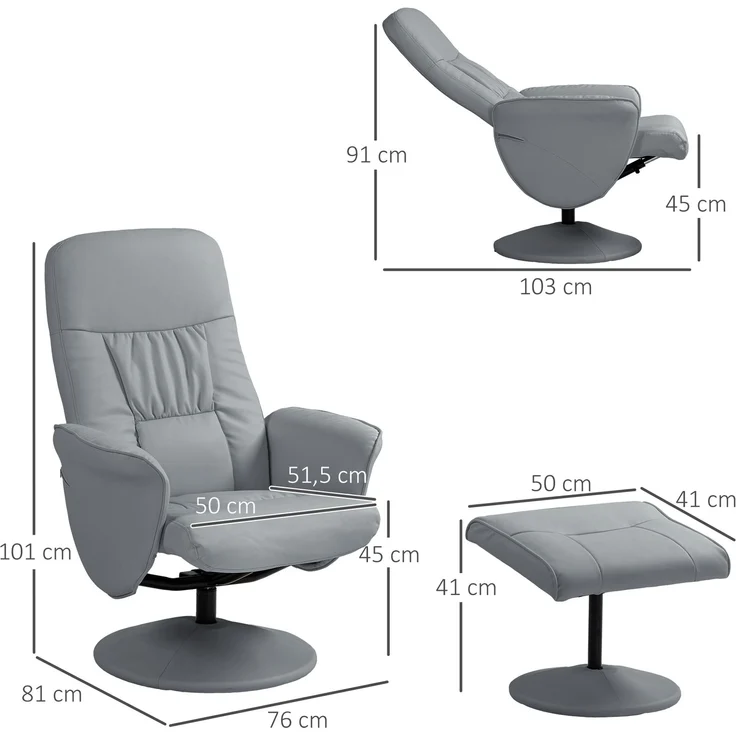 HOMCOM Relaxsessel, Metall, Kunstleder, Hellgrau, 81L x 76B x 101H cm – Bild 3