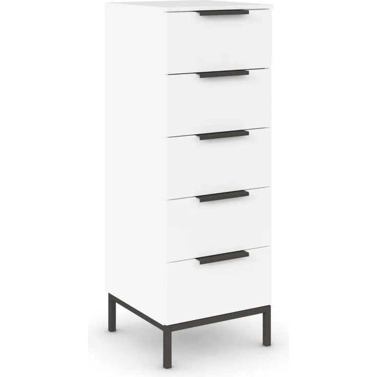 Rauch Möbel Flipp, schmale Hochkommode mit viel Stauraum für Flur, Wohnzimmer, Schlafzimmer, mit Metallkufe graphit, Alpinweiß, 5 Schubkästen, Griffe graphit, 40 x 111 x 42 cm