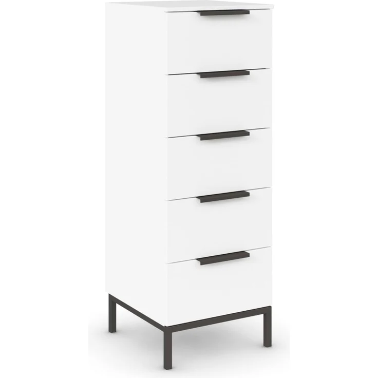 Rauch Möbel Flipp, schmale Hochkommode mit viel Stauraum für Flur, Wohnzimmer, Schlafzimmer, mit Metallkufe graphit, Alpinweiß, 5 Schubkästen, Griffe graphit, 40 x 111 x 42 cm