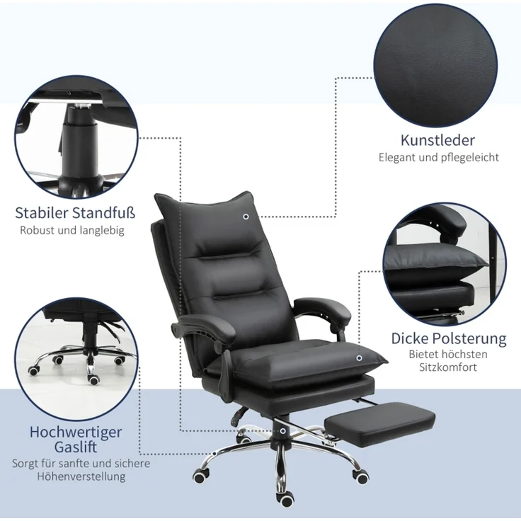 Bürostuhl Schreibtischstuhl höhenverstellbar mit Fußstütze Kunstleder Schwarz 66x72x122-130cm für komfortables Arbeiten--Schwarz--66x72x130cm--YOUDENOVA – Bild 7