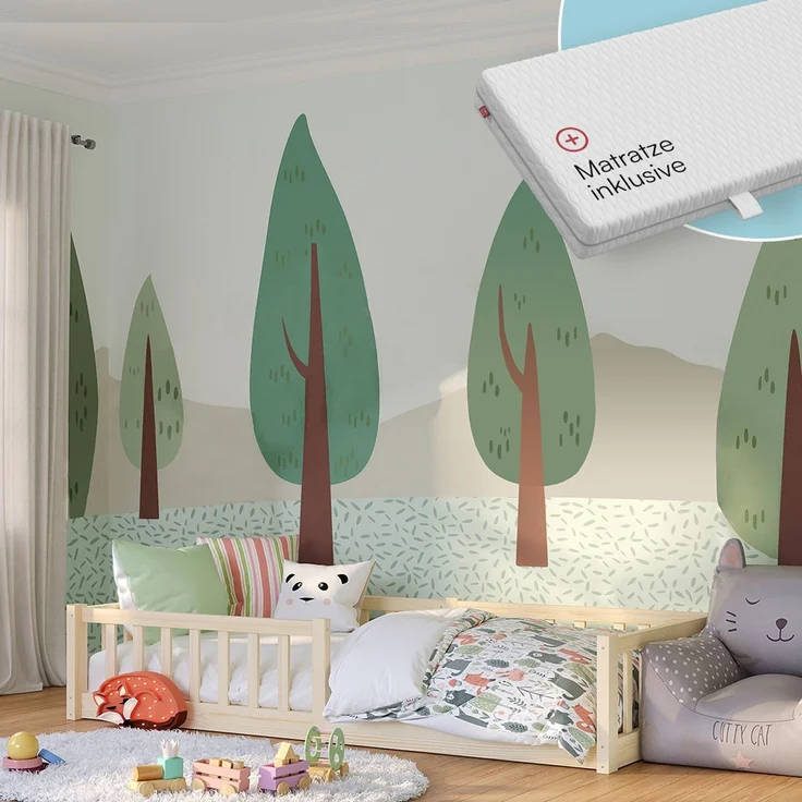 Bellabino 'Vere' Bodenbett 90x200 cm mit Matratze, natur, Massivholz Kiefer, Montessori Kinderbett mit Rausfallschutz und Lattenrost – Bild 1