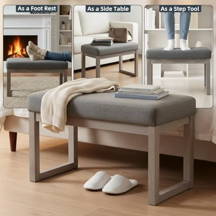 CangLong 70cm Rechteckiger Fußhocker Bequemer Stoff gepolstert Holzbank Sitz für Wohnzimmer, Schlafzimmer & Outdoor, Grau – Bild 6