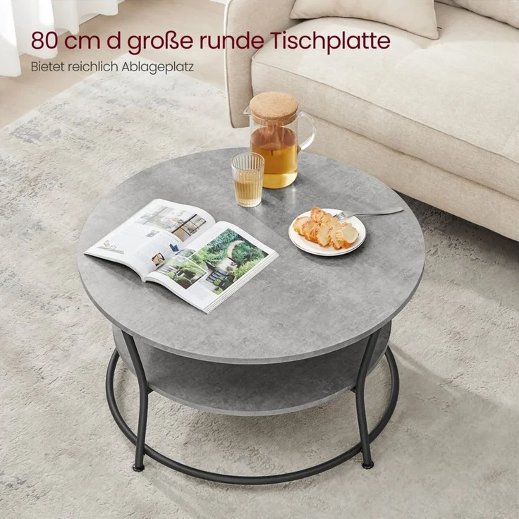 Vasagle Couchtisch rund, Wohnzimmertisch, Sofatisch mit Ablage, einfacher Aufbau, Metall, Industrie-Design, Betongrau-Tintenschwarz – Bild 2
